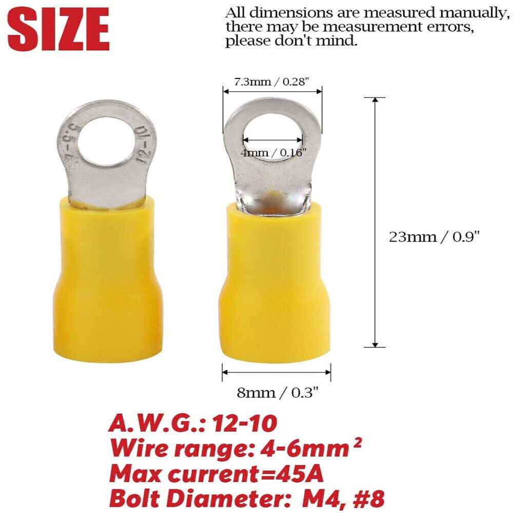4.0-6.0mm Yellow PVC Terminals Insulated Ring Connector 12-10AWG M5/M6/M8/M10