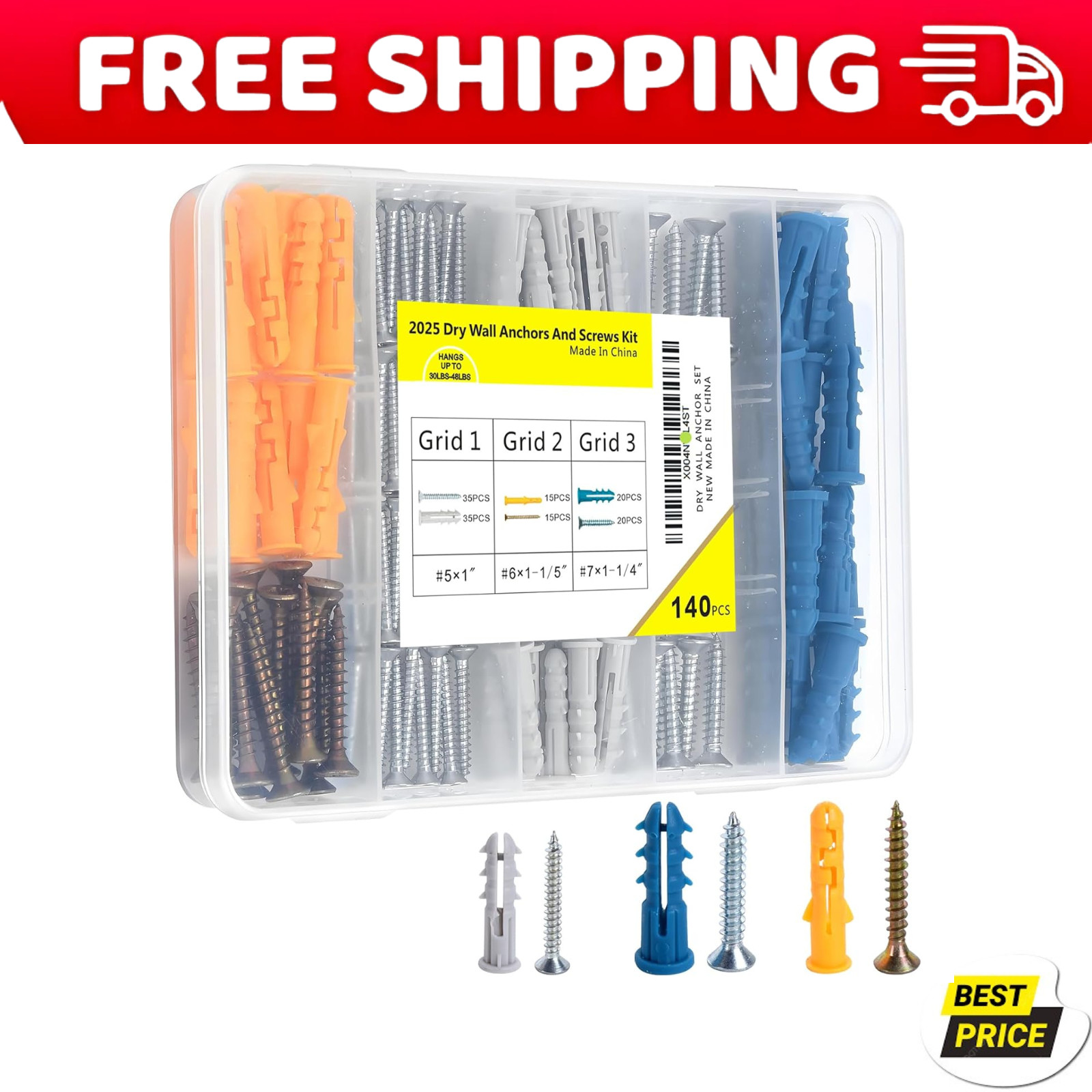 140PCS Drywall Anchors & Screws Kit – 3 Sizes Plastic Wall Anchors Assortment