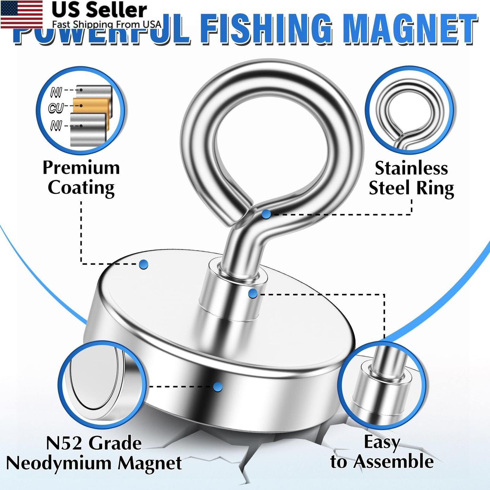 NIUKNOW Neodymium Fishing Magnet, 150 lbs Pulling Force, 1.42 inches, Silver