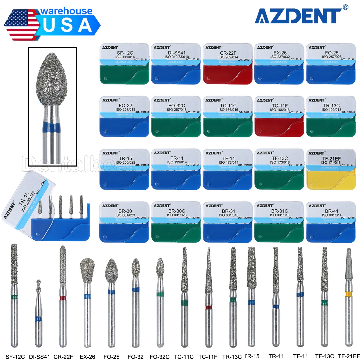 100PCS Dental Diamond Burs for High Speed Handpiece Medium FG 1.6mm AZDENT USA