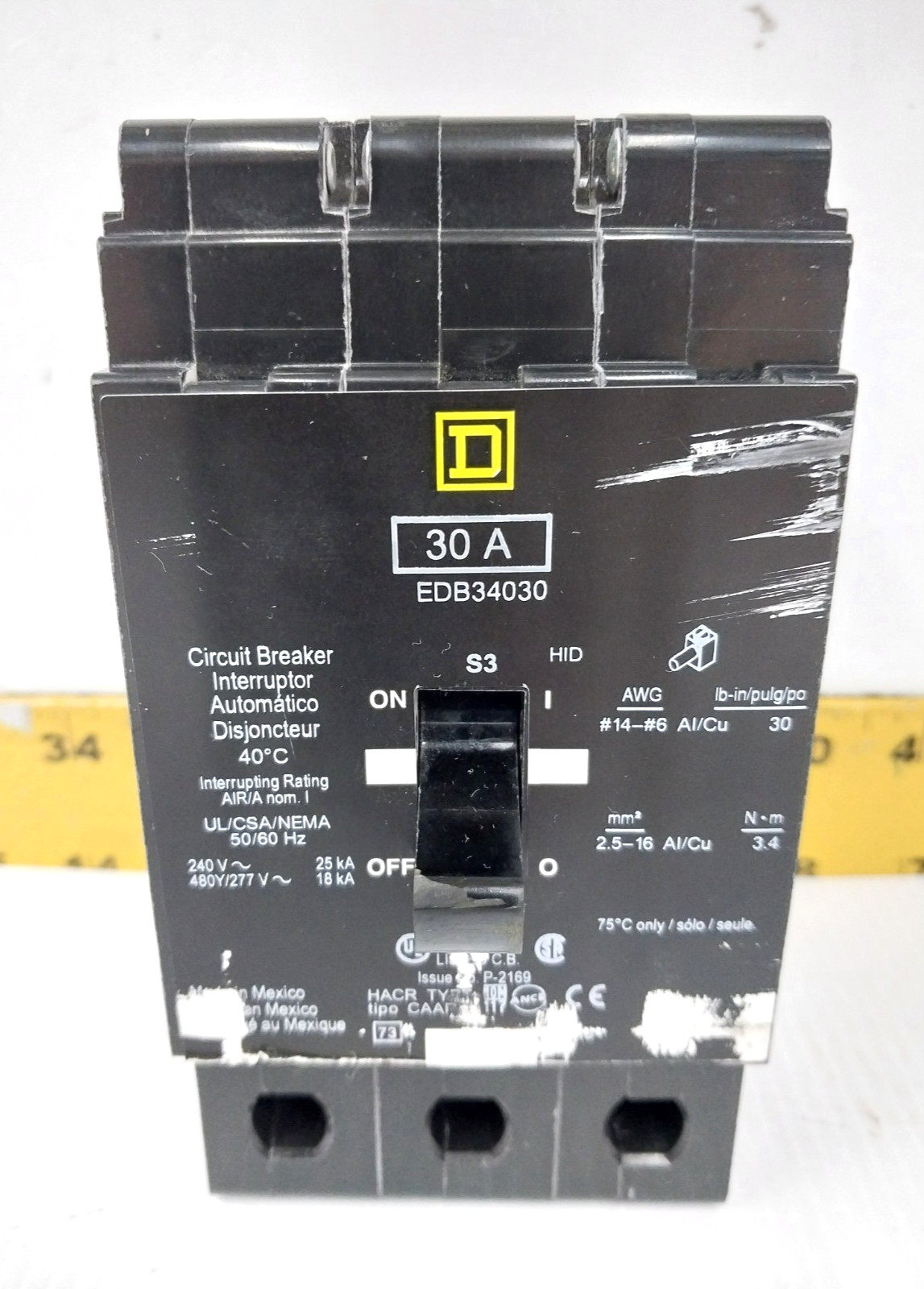 Square D 30 Amp Bolt-On Circuit Breaker 240 / 480Y/277 VAC 3 Pole EDB34030