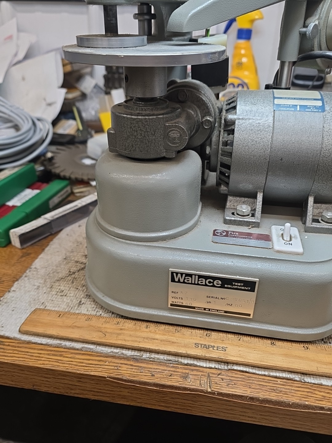 WALLACE A7 ABRASION TESTER FOR RUBBER/PLASTIC TESTER 110 VAC, EX WORKING COND