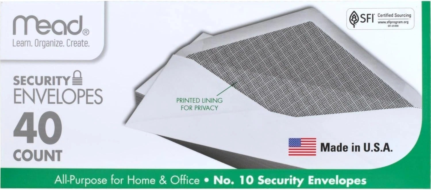 Mead #10 Envelopes, Letter Size, 4-1/8″ x 9-1/2″, Security Printed Lining for Pr