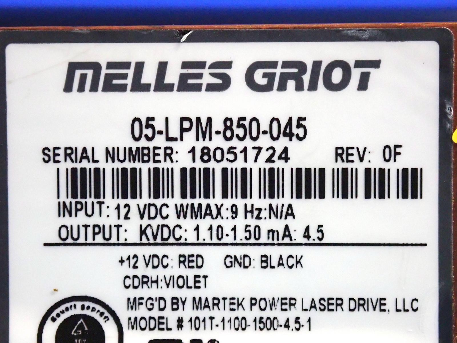 MELLES GRIOT 05-LLC-508 632.8nm HeNe Laser Module w/ 05-LPM-850-045 Power Module