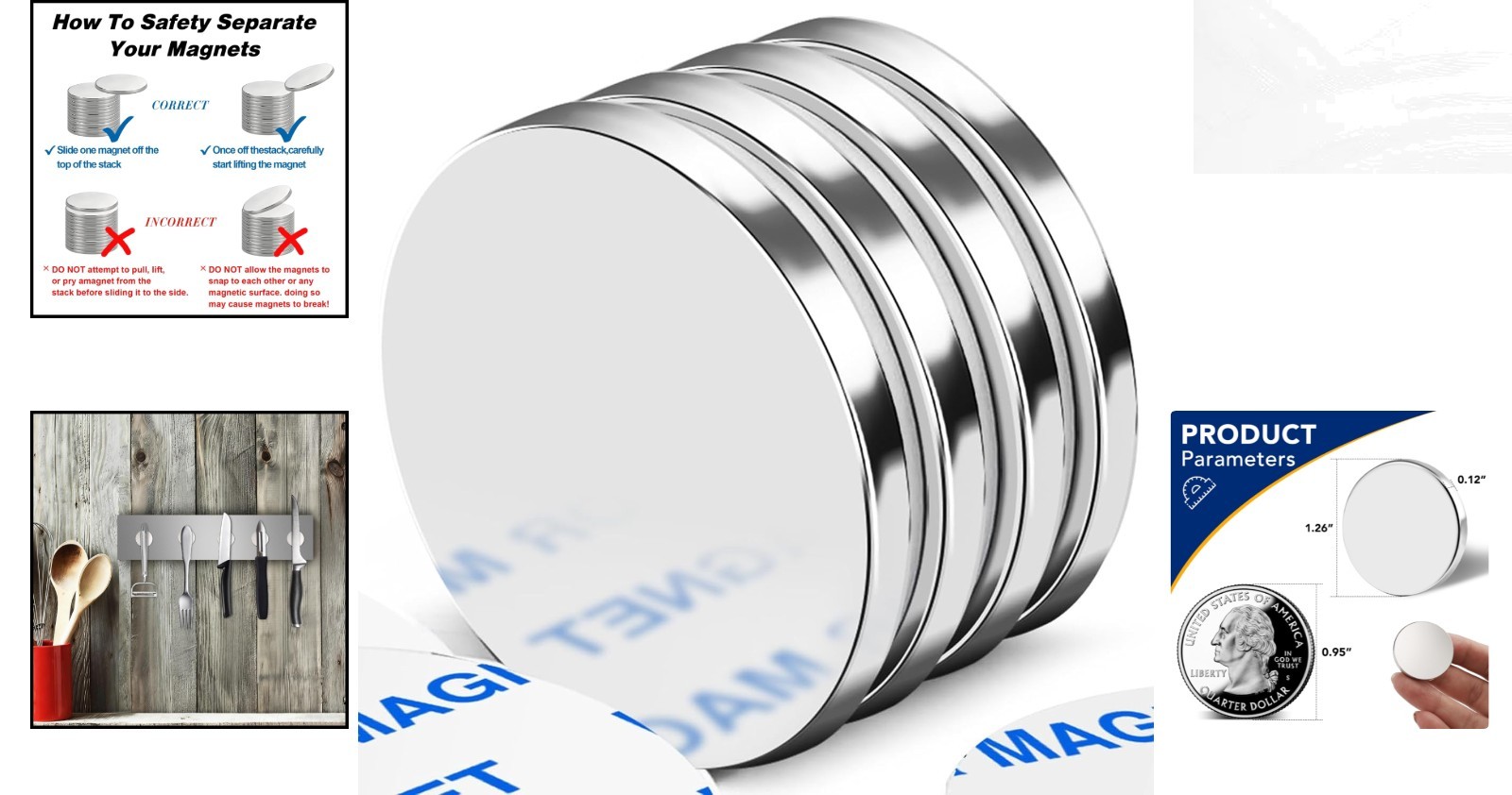 4 Pack Powerful 1.26″ Neodymium Magnets with Double-Sided Adhesive for Crafts