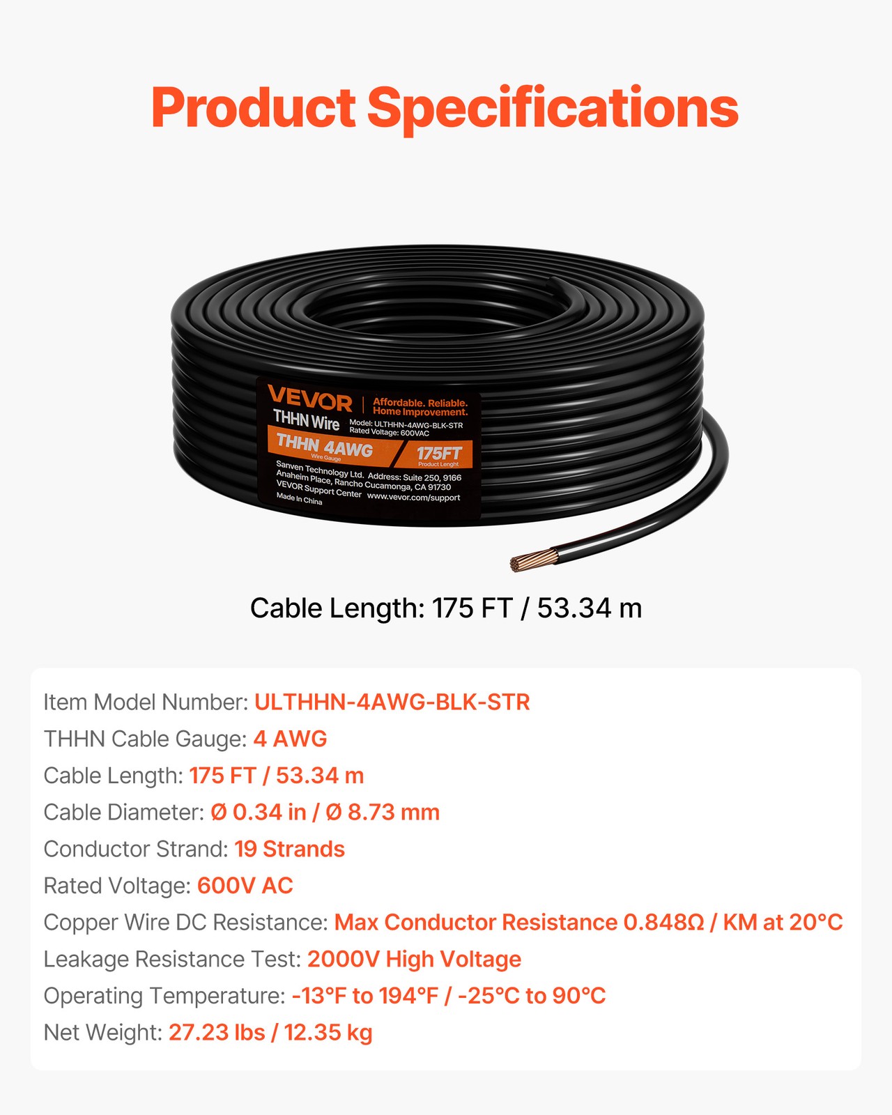VEVOR 4 AWG THHN Wire 19-Stranded Black Copper Building Wire Nylon Jacket 175 ft