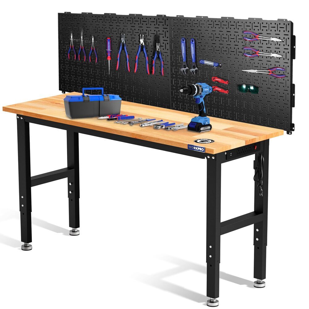 60″Adjustable Garage Workbench Rubber Wood Top 2PC 16×32 Metal Pegboard