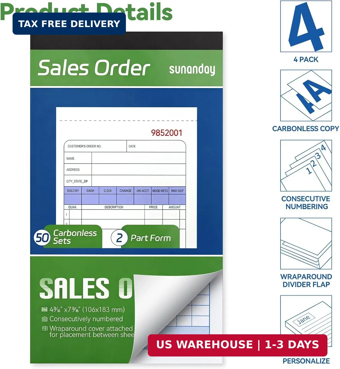 Office Products Sales Order Books, 4 Pack, 2-Part Carbonless (White/Canary Yello