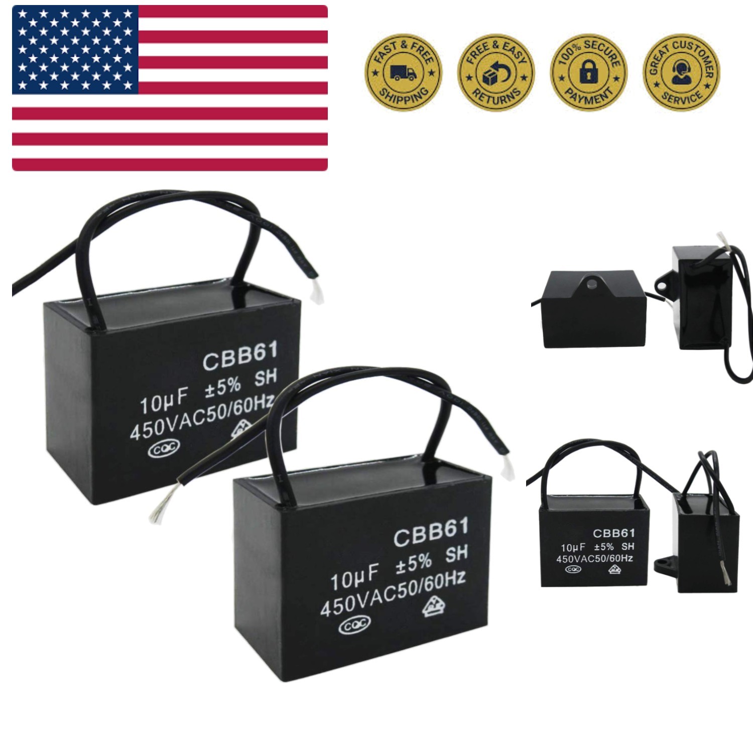 2Pcs 450V AC 50/60Hz Run Capacitor 2-Wire Metallized Polypropylene Film Capac…