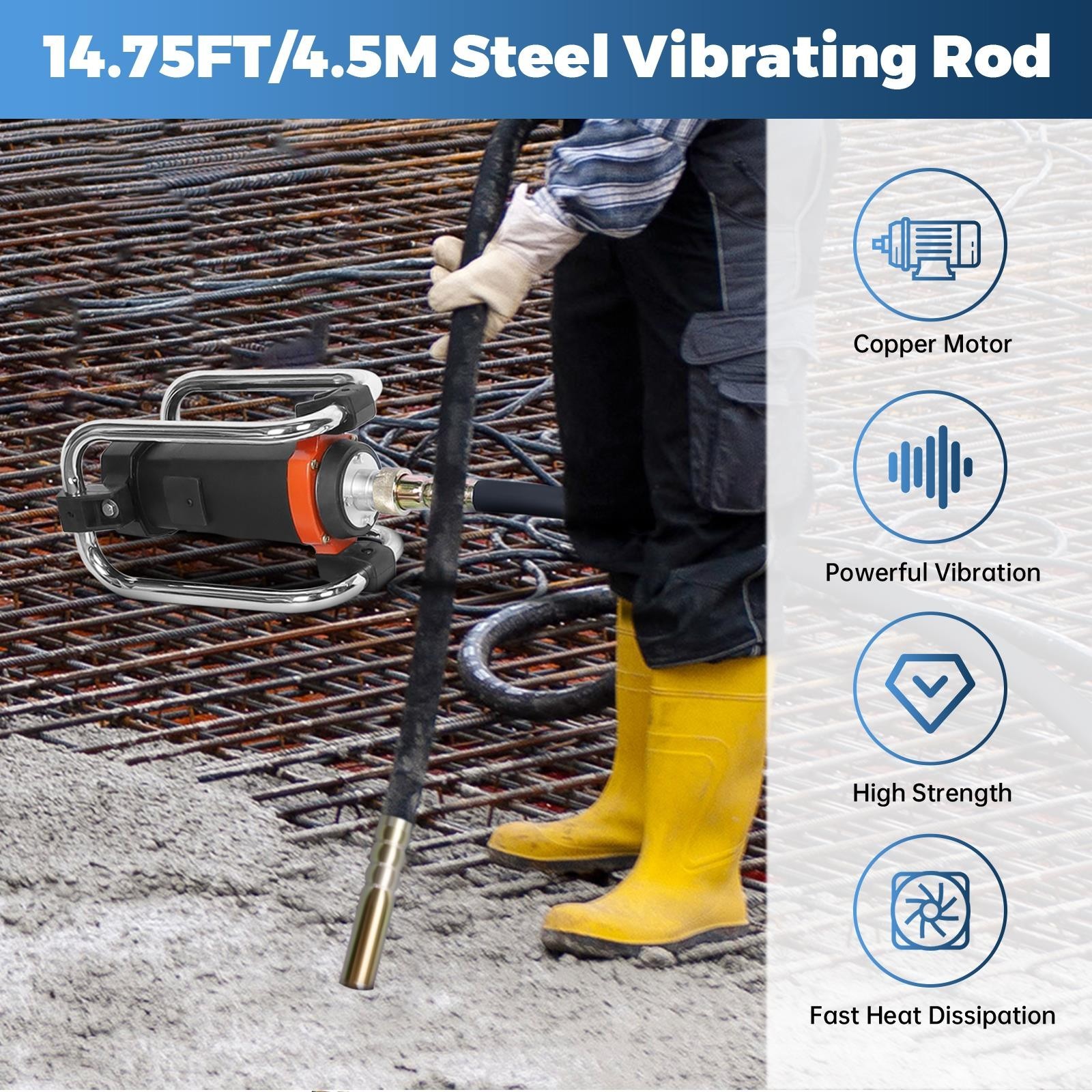 1300W Power Concrete Vibrator 16000 VPM Durable 2HP 14.75 FT Copper Engine