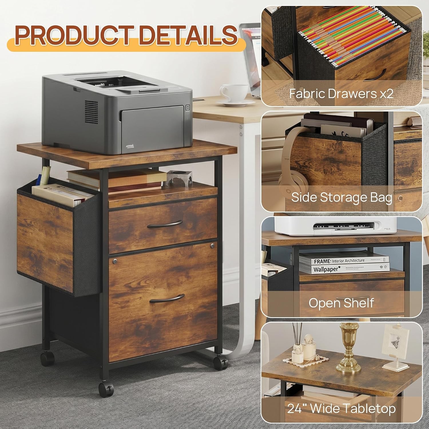 File Cabinets for Home Office, Small Printer Stand with Storage, Rolling Filing