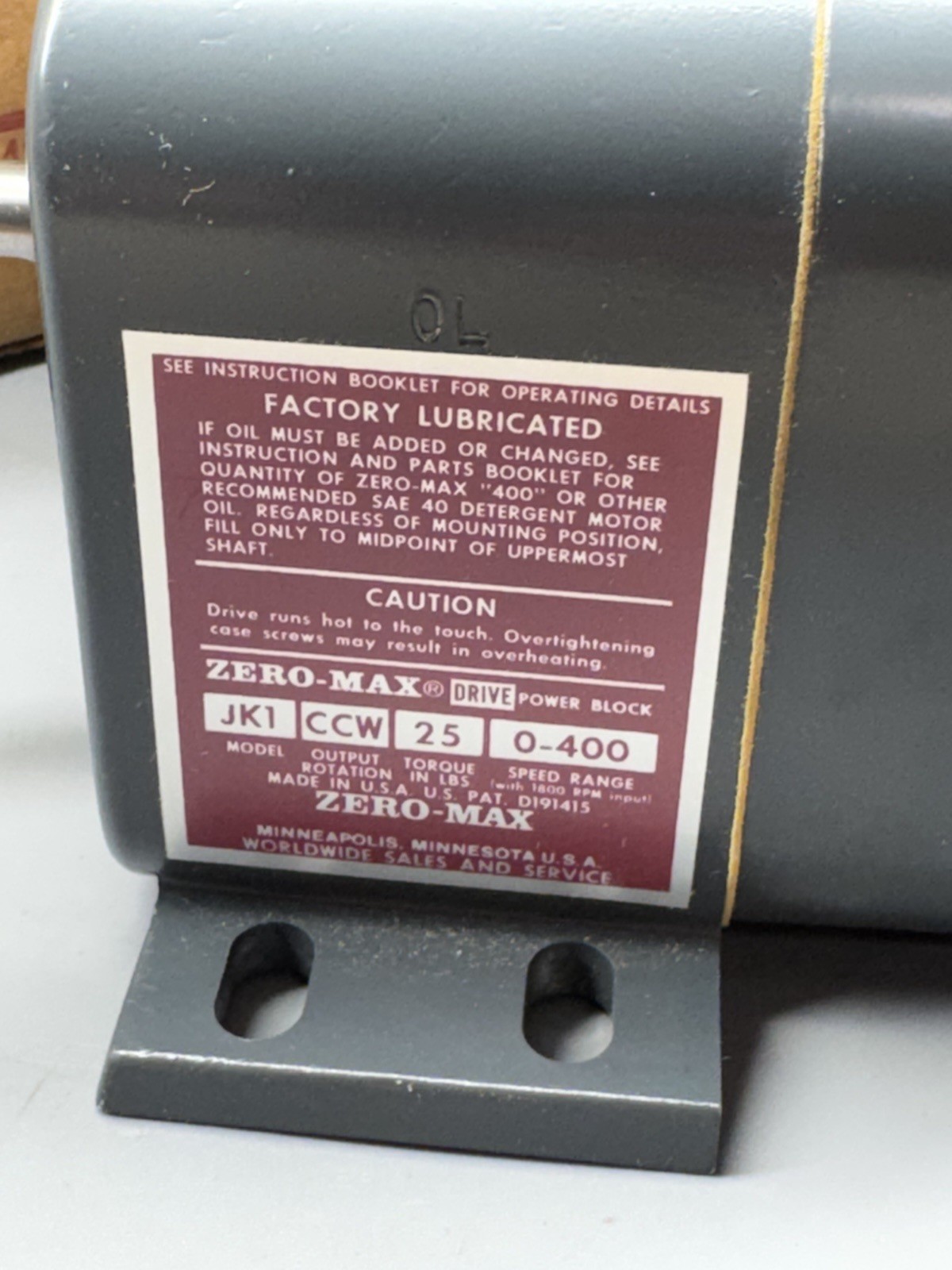 ZERO-MAX JK1-CCW-25-0-400 25 in-lbs Unidirectional Adjustable Speed Drive *NEW*