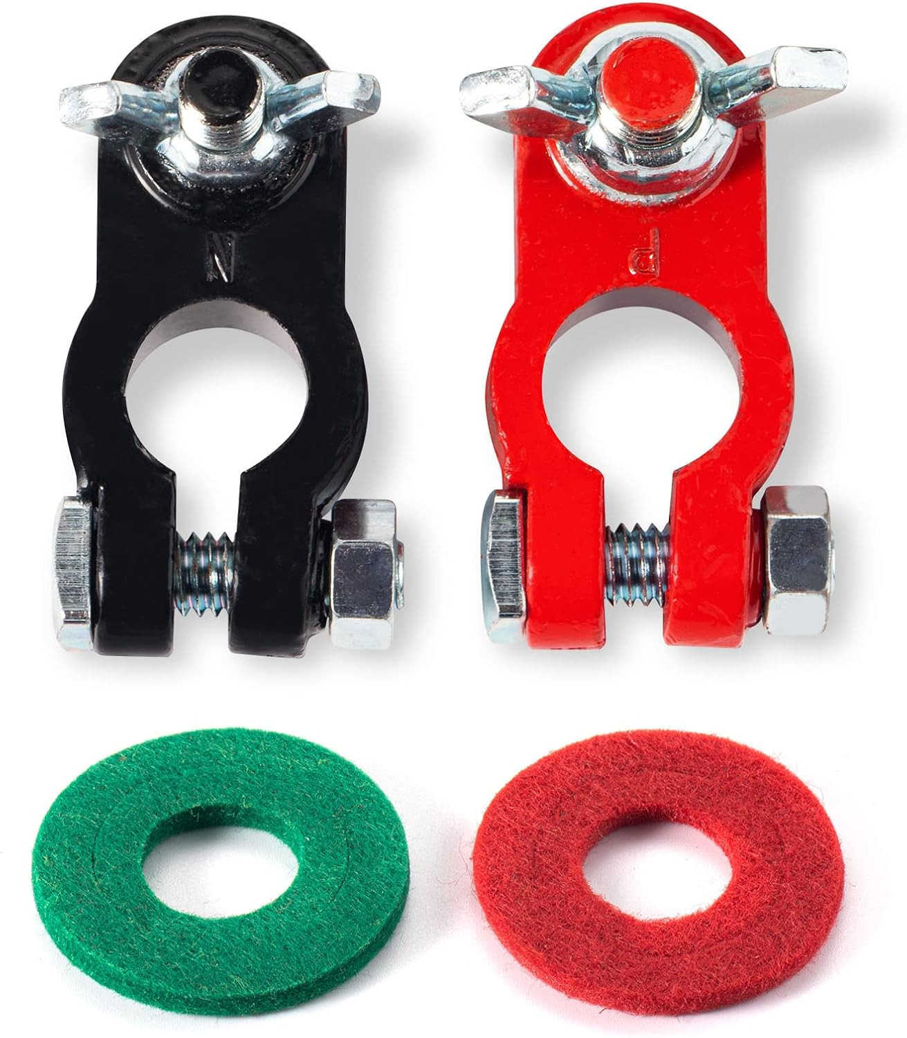 Heavy-Duty Battery Terminal Clamps with Anti-Corrosion Washers, Red & Black, 1 P