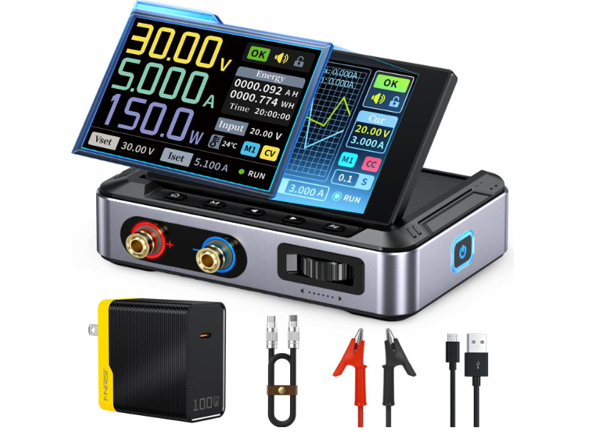 Fuente de energía DC ajustable con rango 0–30 V y 0–5 A, pantalla IPS digital de