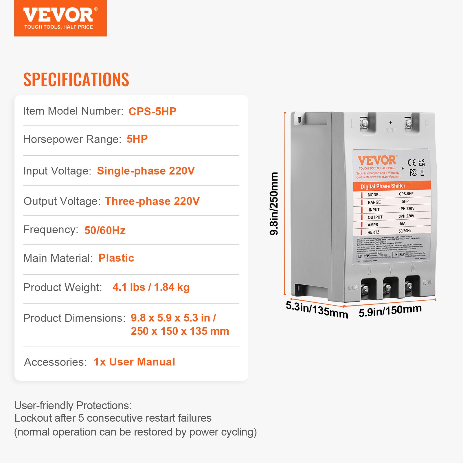 VEVOR 5HP Digital Phase Shifter 15A 220V Single Phase to 3 Phase Converter