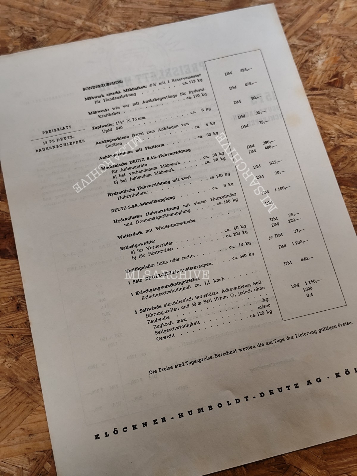 Price Sheet No. 1b Deutz 15 HP Farm Tractor Tractor M12