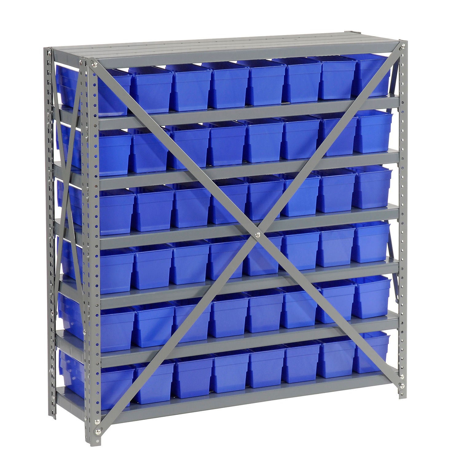 7 Shelf Steel Shelving with (48) 4″H Plastic Shelf Bins Blue 36x12x39