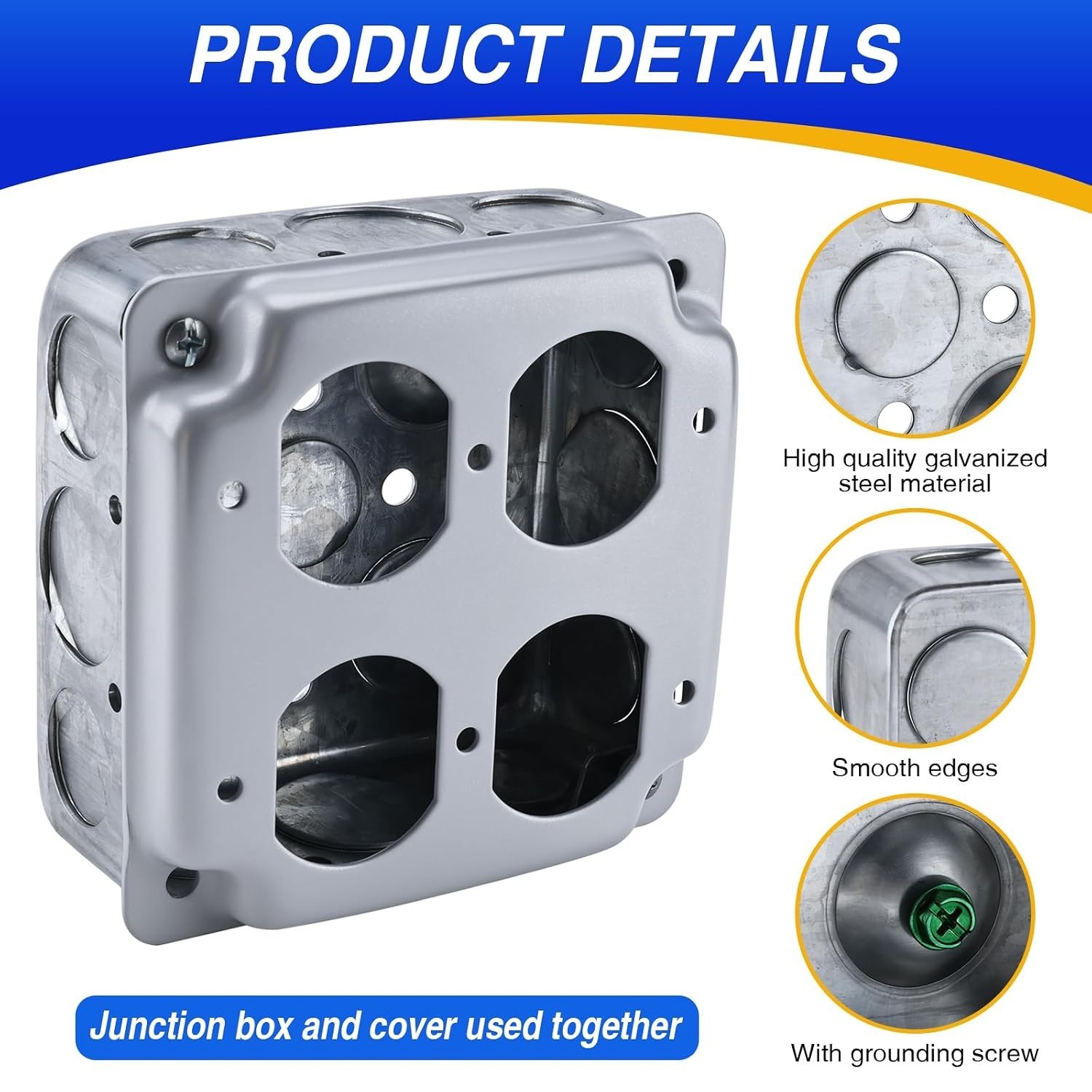 Patioer 4″x4″ Metal Electrical Box with Cover Double Duplex 1-1/2» Deep, 10 Set
