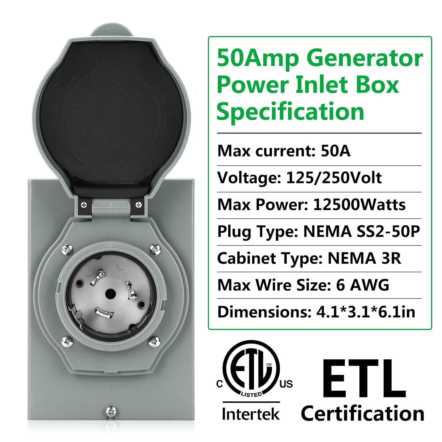 50 Amp Generator Power Inlet Box, ETL Listed NEMA SS2-50P | Power Inlet Box for