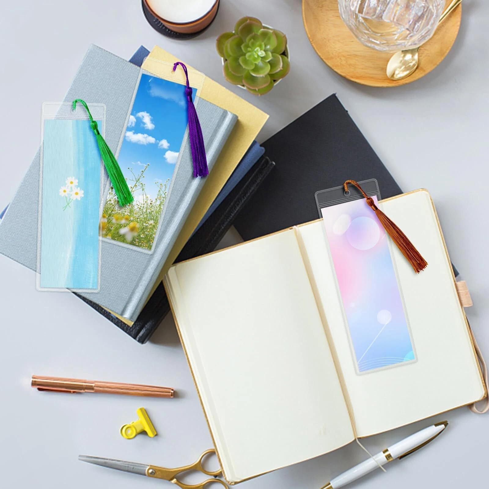 100 Pcs Clear Bookmark Sleeves Large Plastic Photo Booth Sleeve with Hole 7.5…