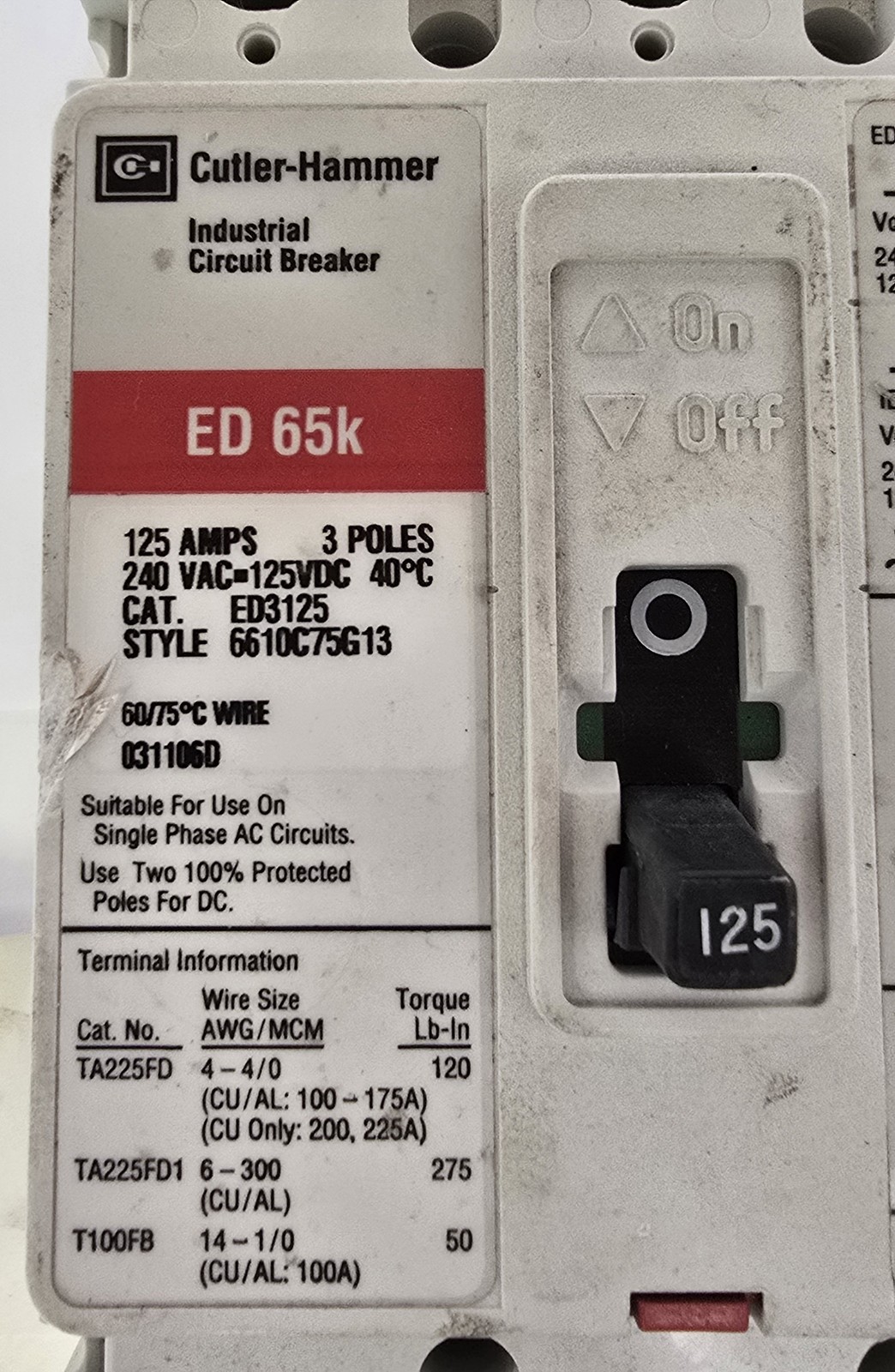 Cutler Hammer ED3125 Circuit Breaker 125A 240V 3P Style 6610C75G13