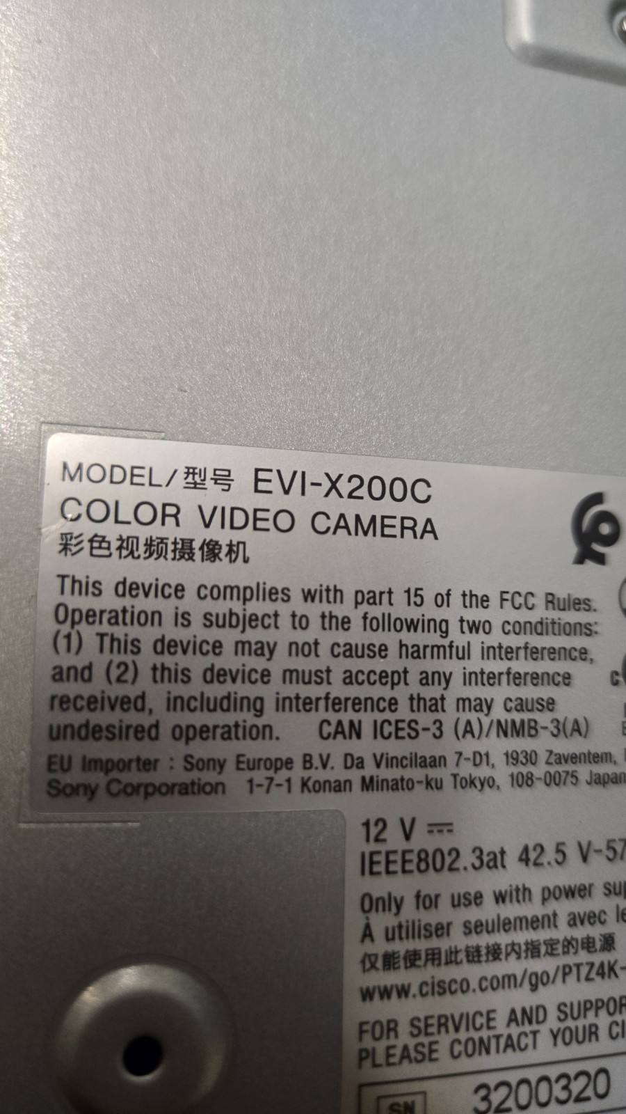 Cisco EVI-X200C Webex PTZ 4K Video Conference Camera Sony