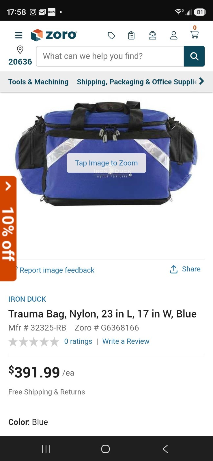 Iron Duck Trauma Bag, Nylon, 23 in L, 17 in W, Blue Ems Bag #4