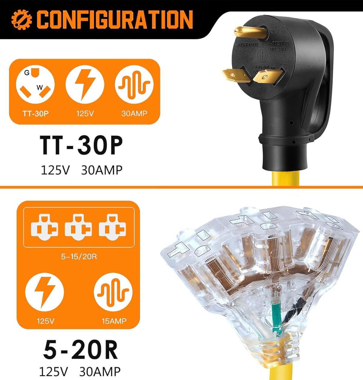 30 Amp to 20 Amp RV Cord Distribution Plug Adapter NEMA TT-30P to 3 5-20R