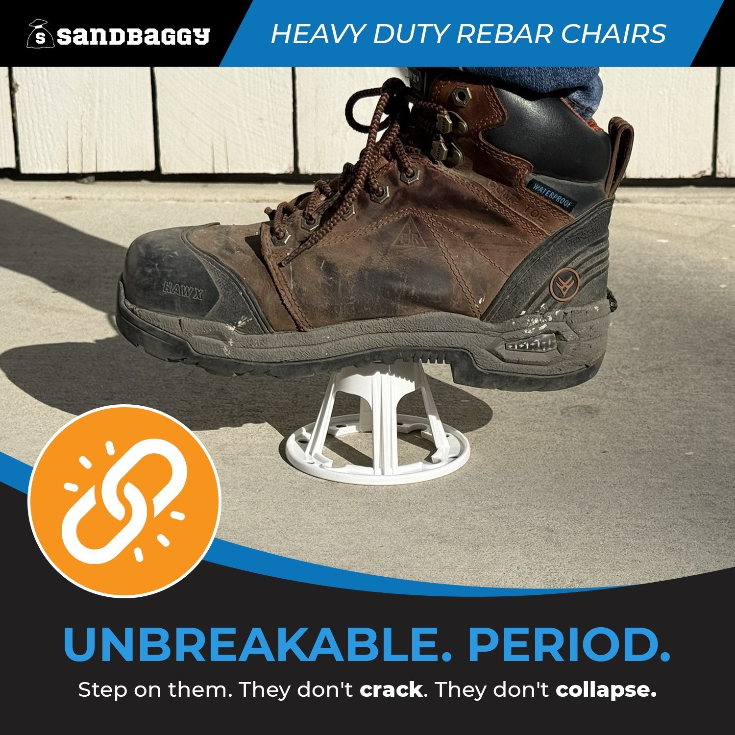 Sandbaggy Plastic Rebar Chairs – Elevates Rebar 2.5″ or 3″ – Rebar #3 to #5