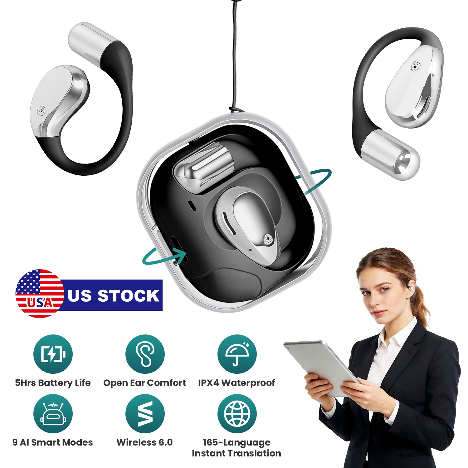 Open-Ear AI Translation Earbuds 165-Language Real-Time for Travel Meetings