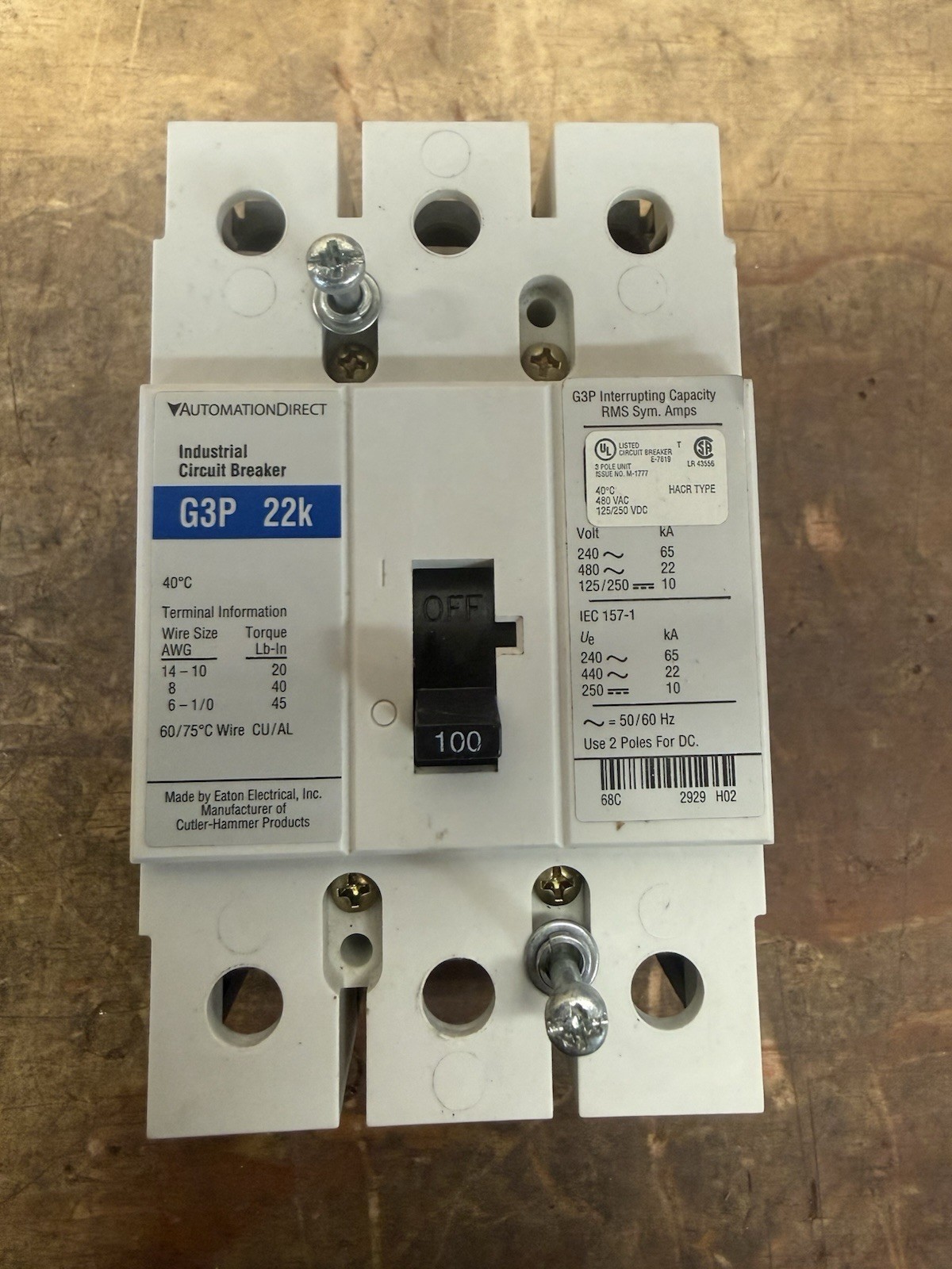Automation Direct, G3P 22k 100Amp, Industrial Circuit Breaker, 100Amps, 3 Poles