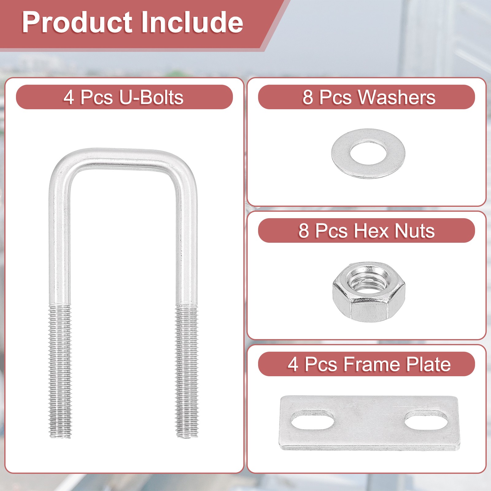 4 Sets 304 Stainless Steel Square U-Bolts 1.37″ Inner Width 3.35″ Length M8