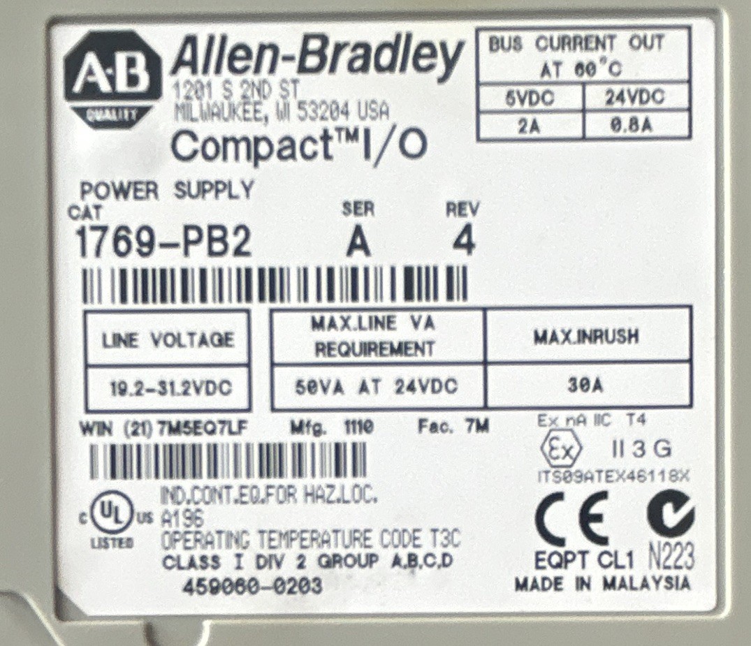 Allen-Bradley Compact I/O Power Supply Module 1769-PB2 24VDC 19.2W