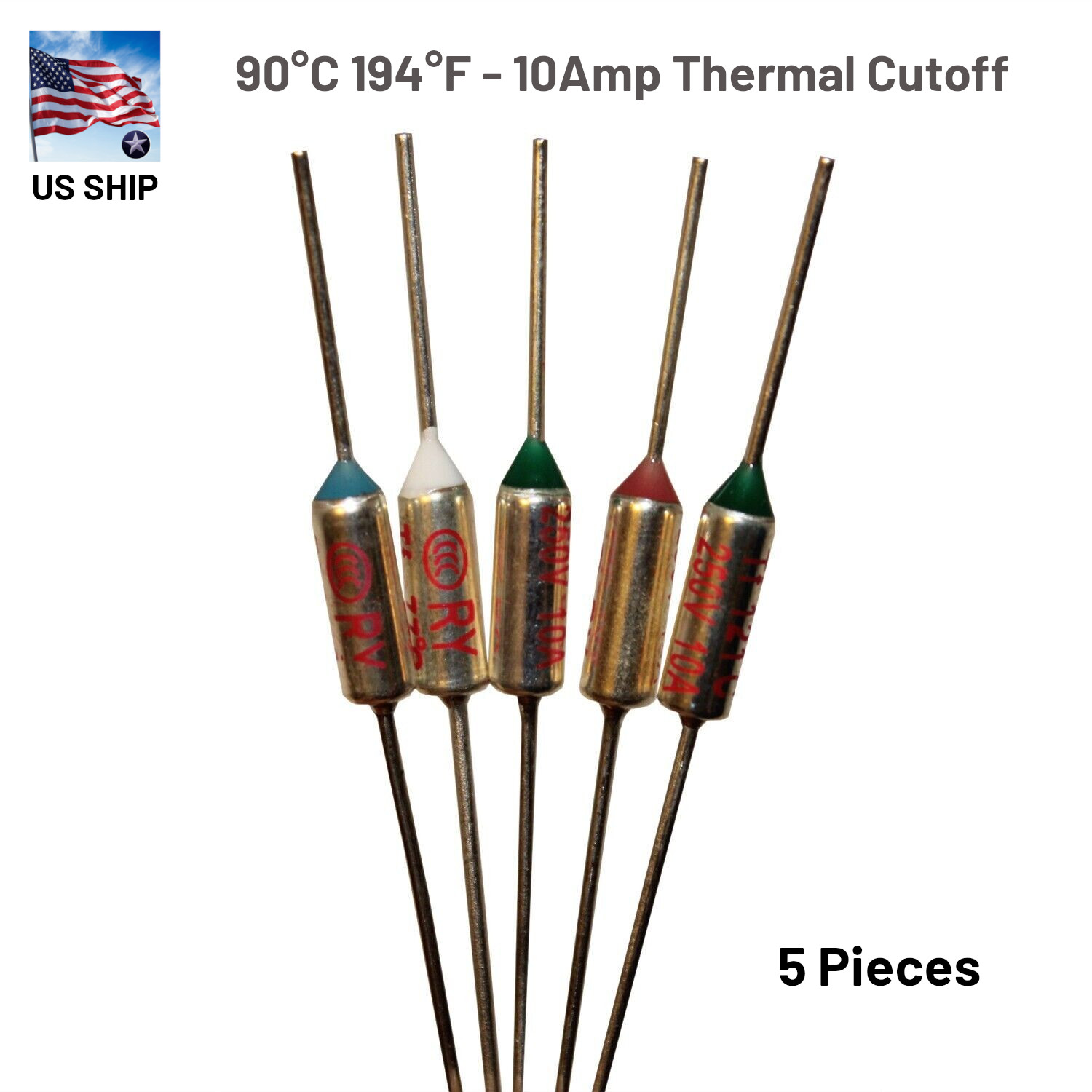 5 Pieces Thermal Fuse Cutoff RY TF | 90°C 194°F | 10Amp | 250V A31 | US Ship