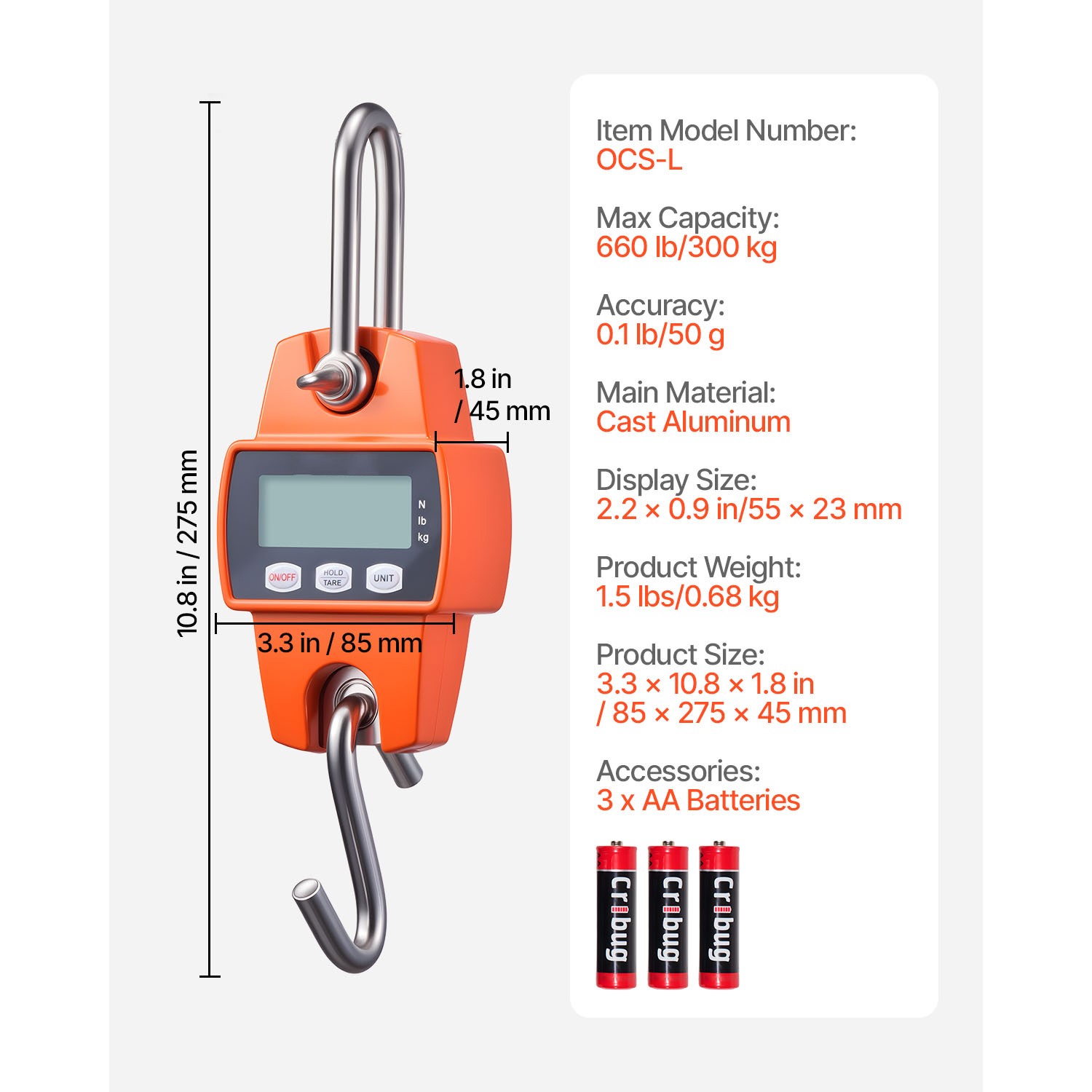 Uimoso Digital Crane Scale 660 lbs/300 kg Portable Hanging Scale Orange