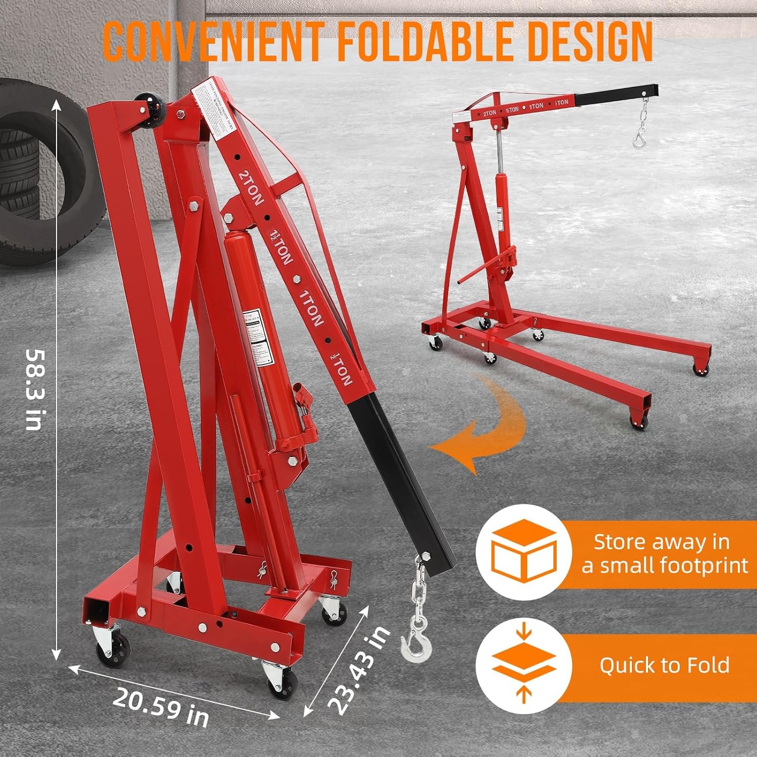 Garvee 2Ton Engine Hoist Hydraulic Cherry Picker Heavy Duty Folding 4400lbs Red