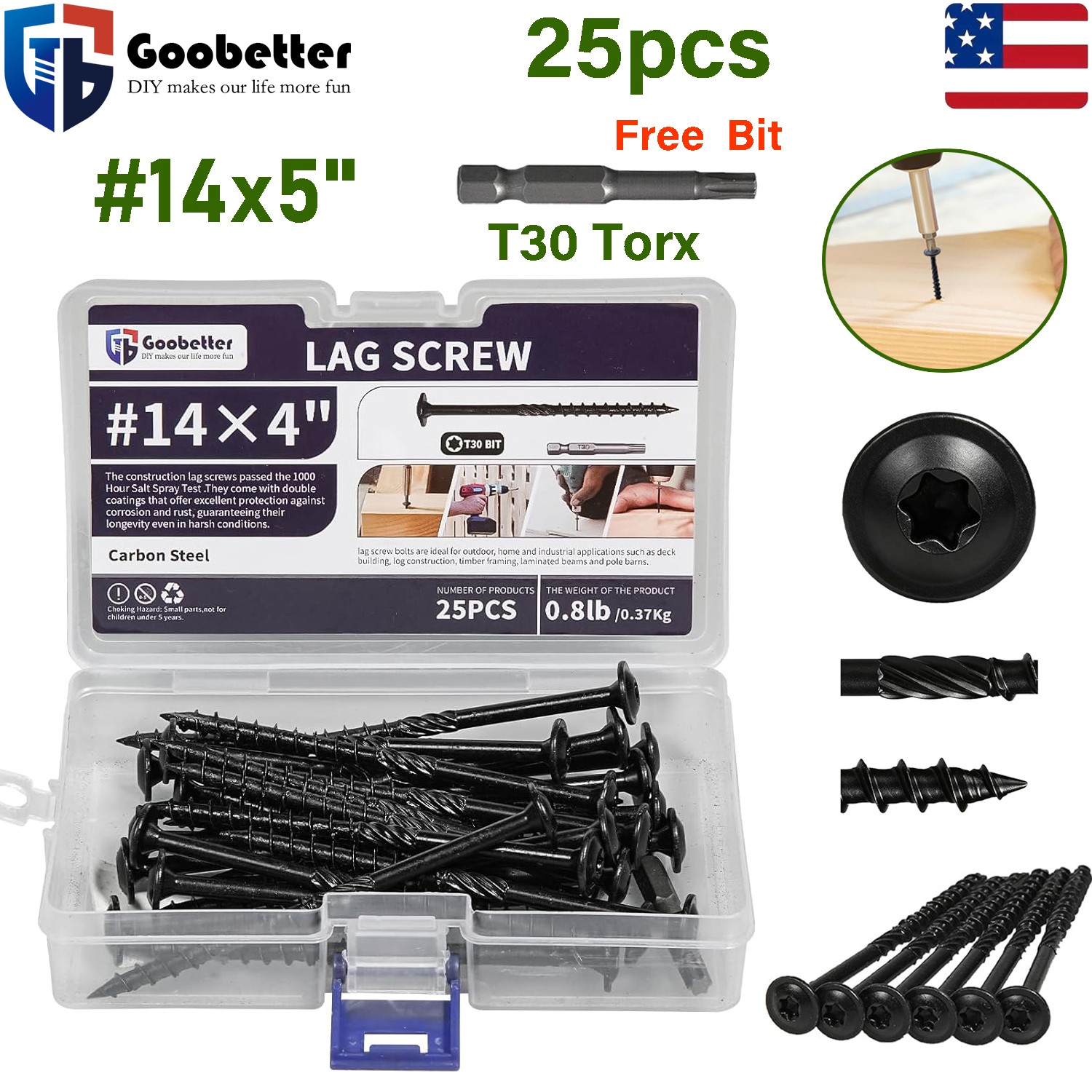 25pcs #14×5″ Lag Screws Torx Drive Structural Wood Timber Screws w/ T30 Star Bit