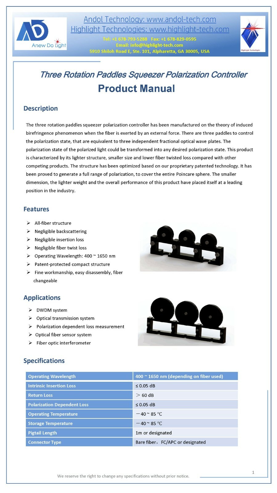 Manual 3-Paddle (30 mm or 1.18 in) Polarization Controller without Optical Fiber