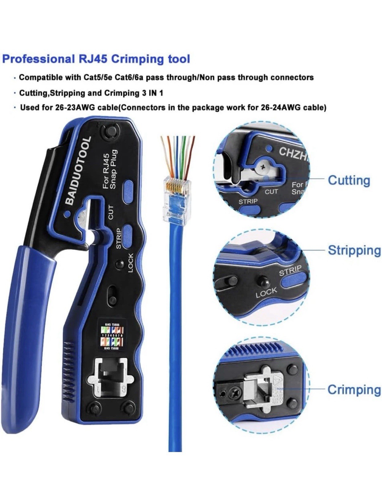 RJ45 Crimp Tool Kit &Tester Pass Through Crimper Cutter For cat5e Cat6;6a. 8P8C