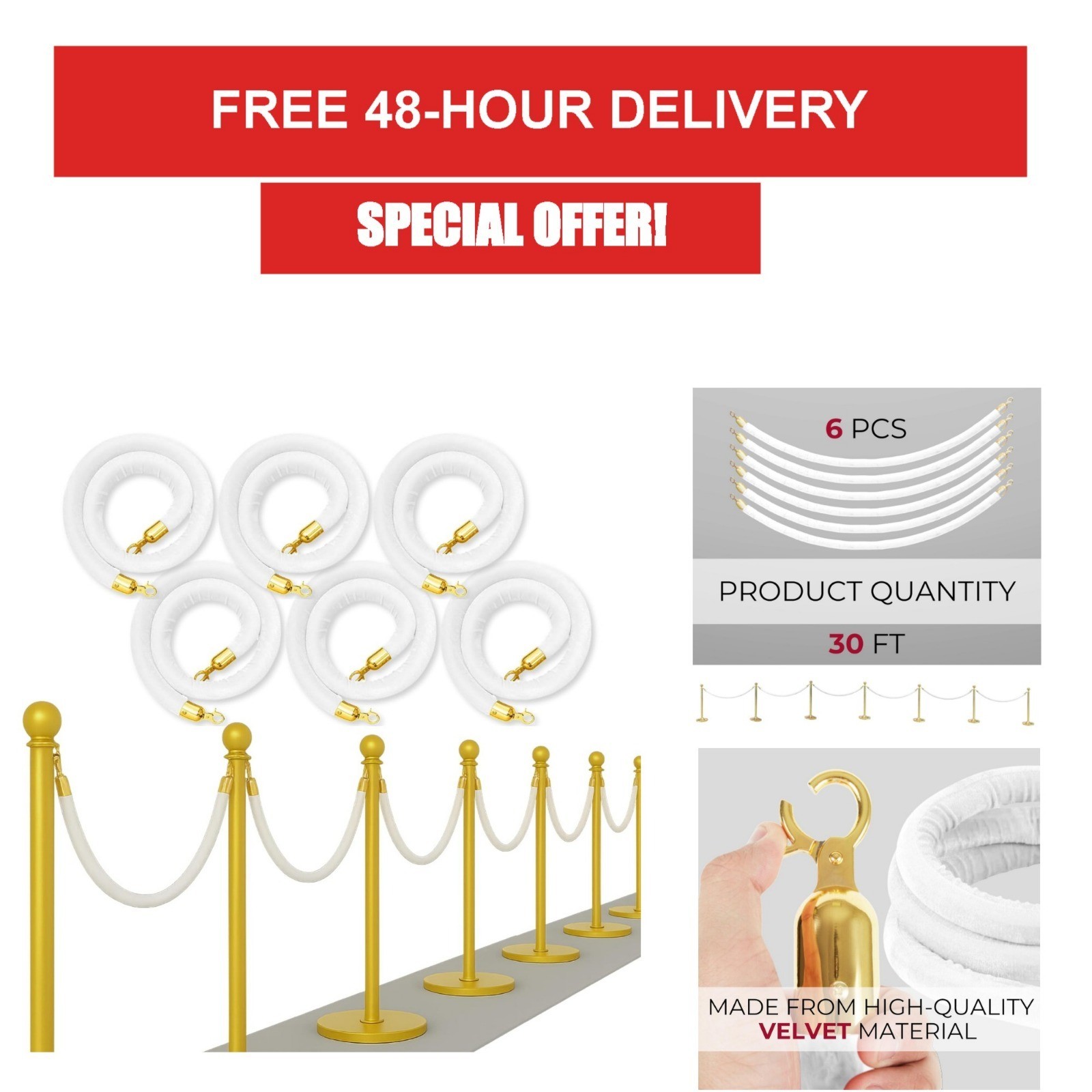 6PCS White Velvet Rope 5FT Stanchion Barrier for Events Crowd Control