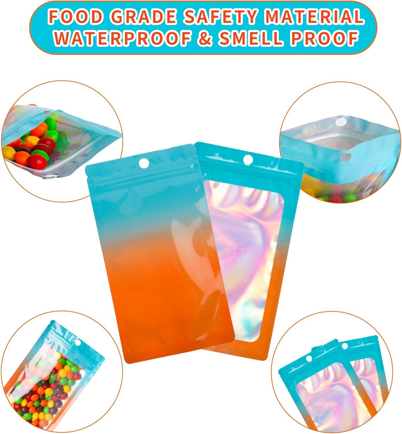 100 Holographic Mylar Foil Bags Smell Proof Resealable Zip Seal Pouches Gradient