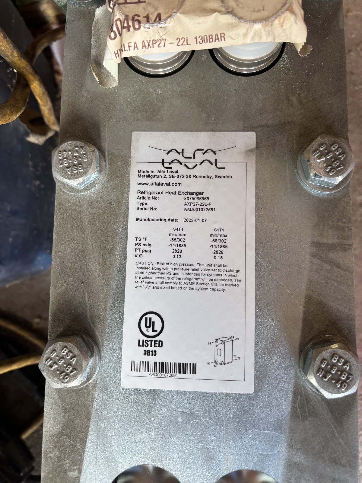 Alfa Laval Heat Exchanger AXP27-22L-F SN- AAD001072691 27L-130BAR NEW