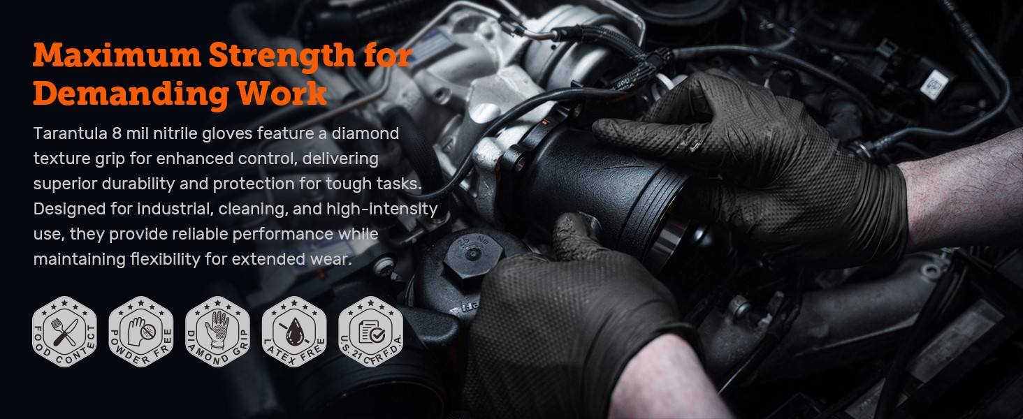 8-mil Disposable Nitrile Gloves,Heavy-Duty Fully Diamond Textured | Mechanic &