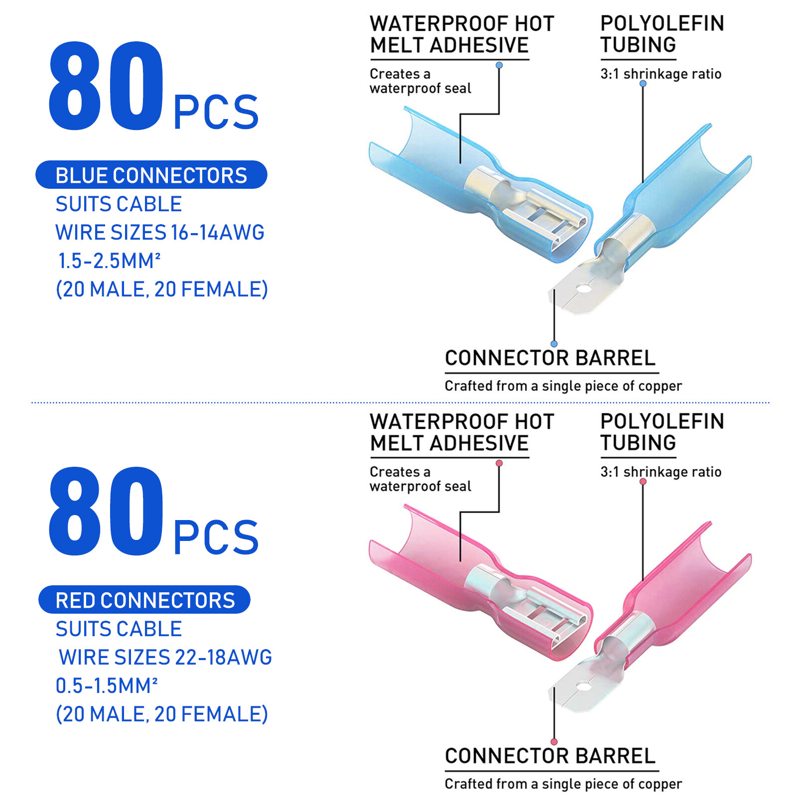 200/100PCS Electrical Heat Shrink Male & Female Spade Wire Connectors Terminals