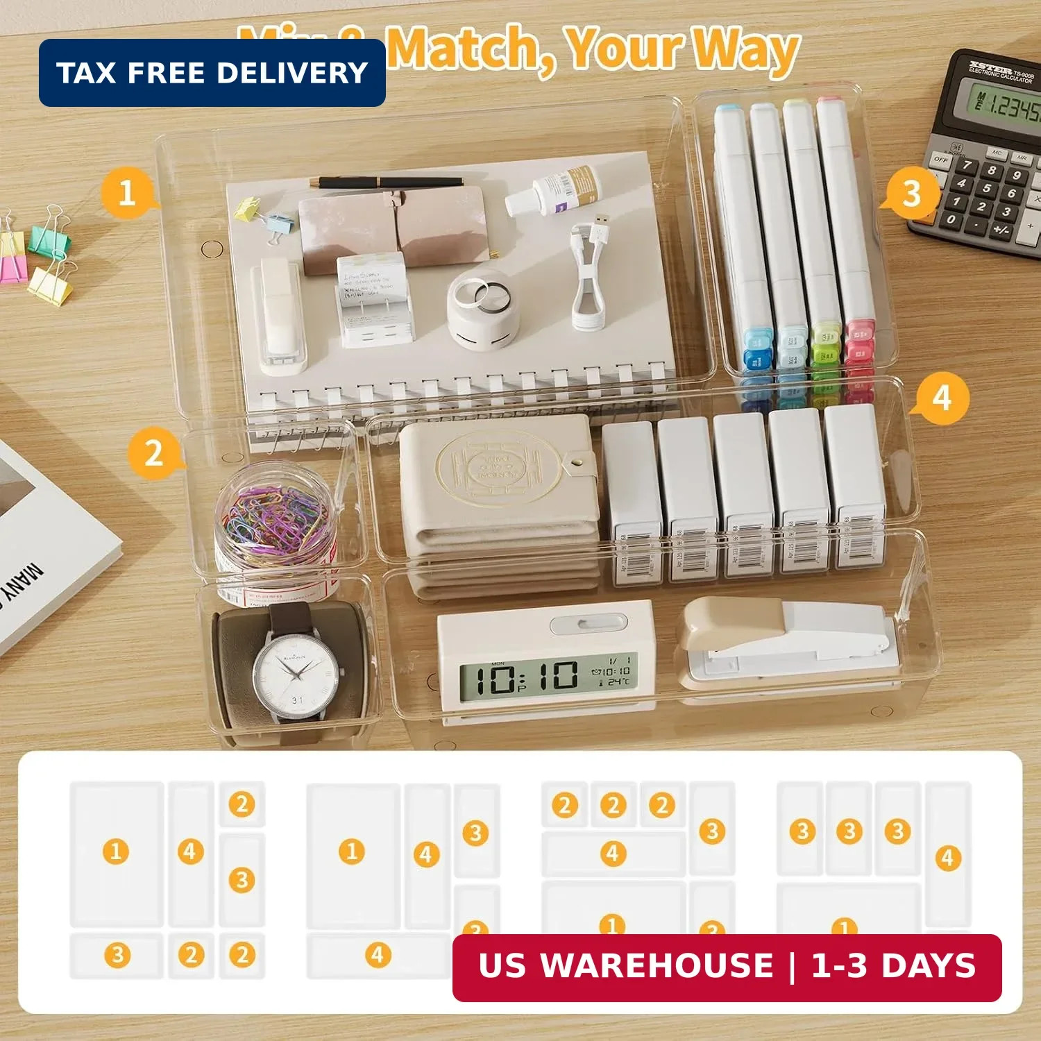 Yanosaku 25 PCS Clear Plastic Drawer Organizer Set, 4 Sizes Vanity Organizers, D