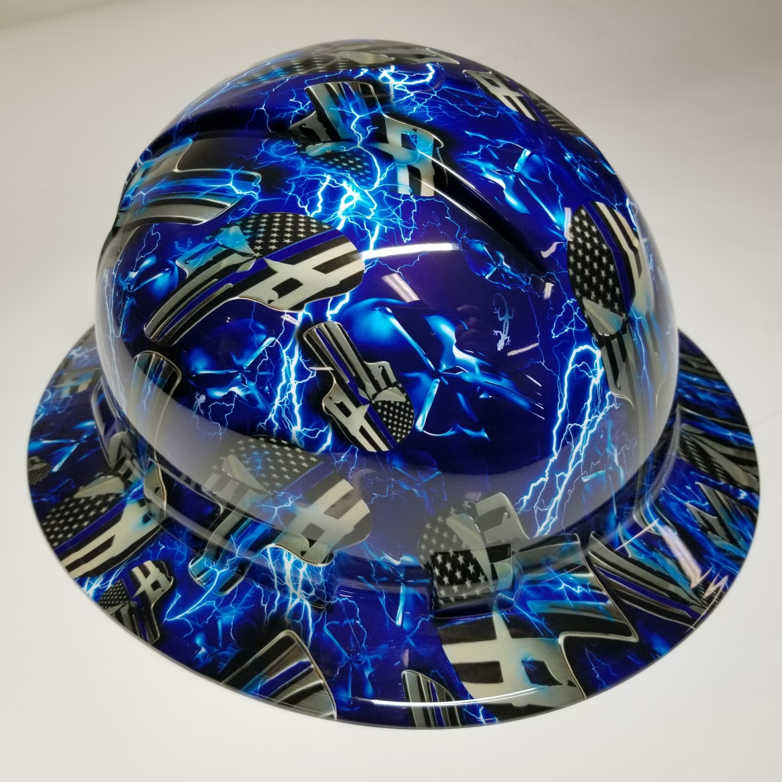 full brim hard hat custom hydro dipped IN BLUE LINE ICE SKULLS BLUE LIGHTNING