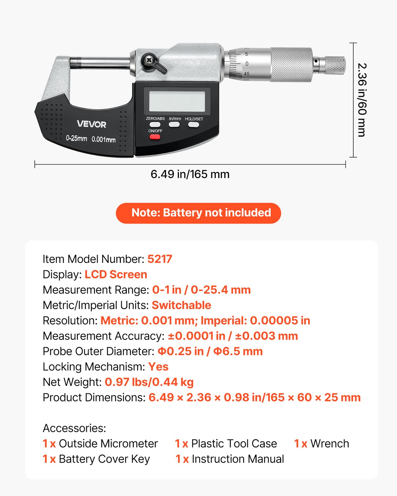 VEVOR Digital Outside Micrometer 0-1in Range 0.00005in Resolution LCD Screen
