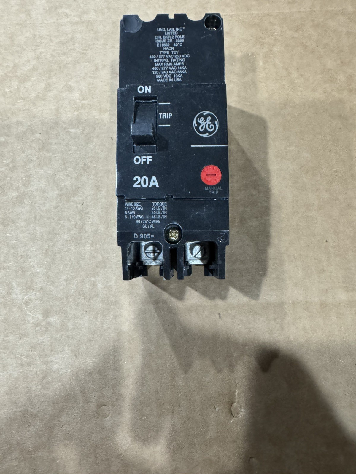GE TEY220 20A 2 Pole 480/277V Bolt On New TakeOut Circuit Breaker FREE SHIPPING