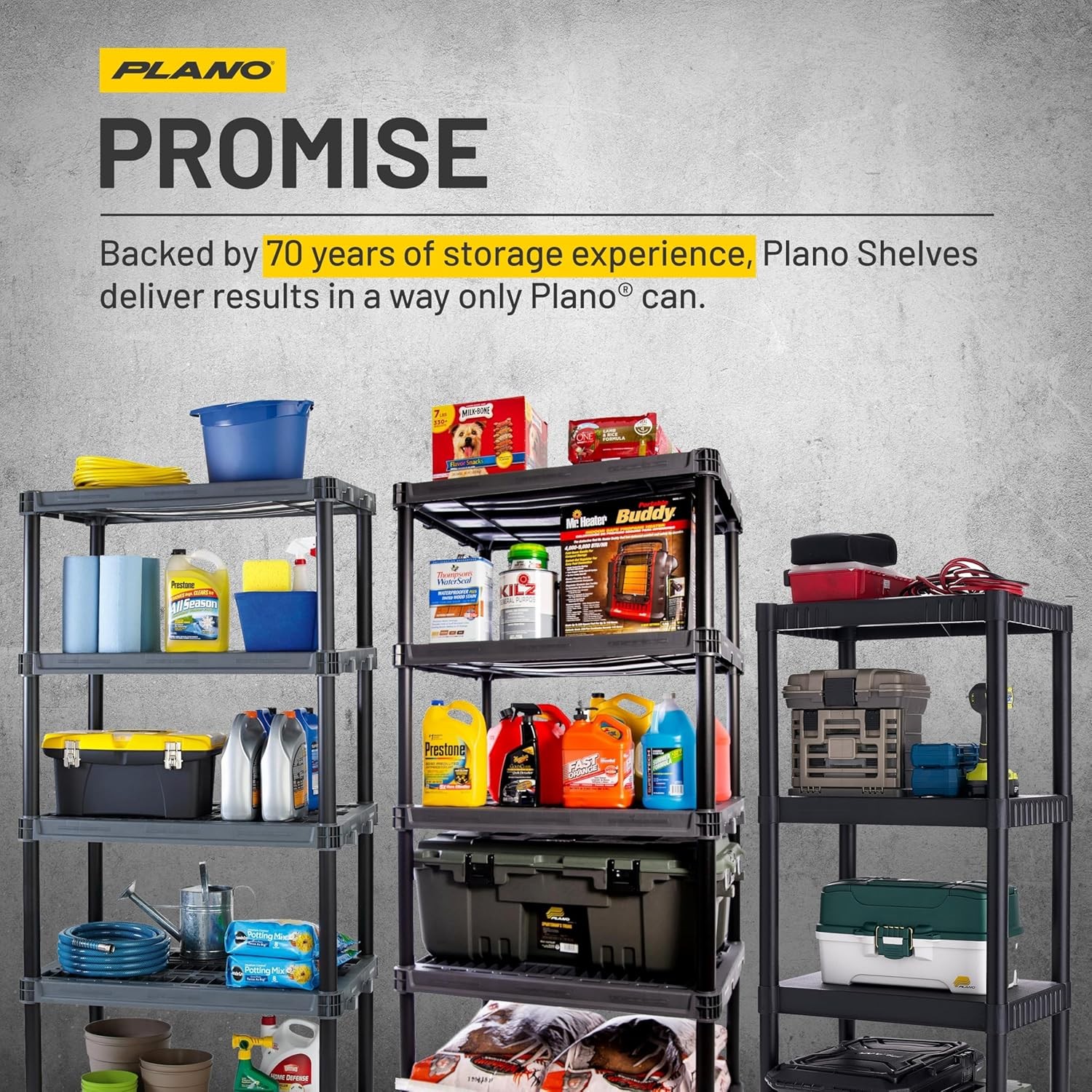 Plano 4-Shelf Plastic Storage Shelves 48x23x14″ 200lb Capacity Pantry Garage