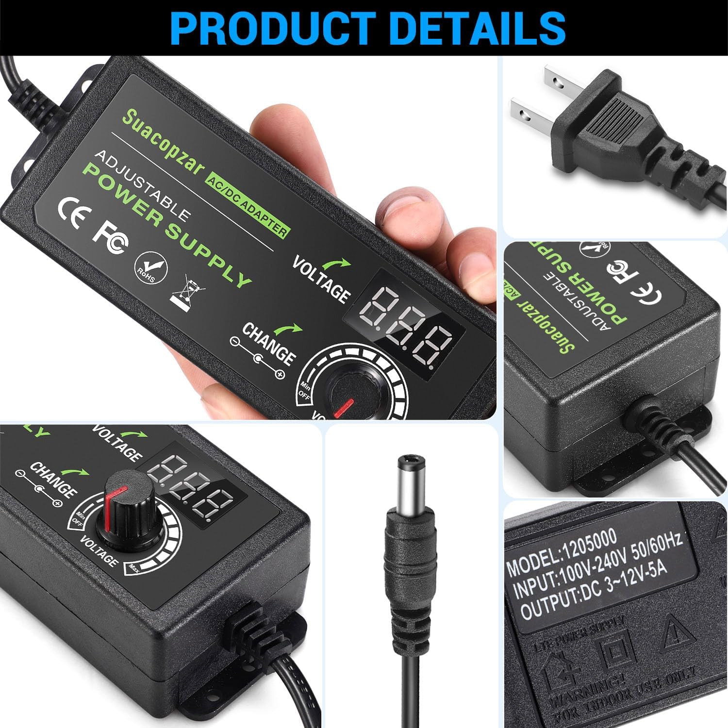 60W Power Supply Adjustable DC 3V ~ 12V 5A, Variable Universal Switching AC/DC A